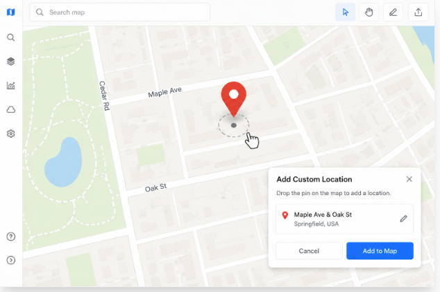 A close-up view of dropping a custom pin location on a digital map interface with an Add to Map button visible.