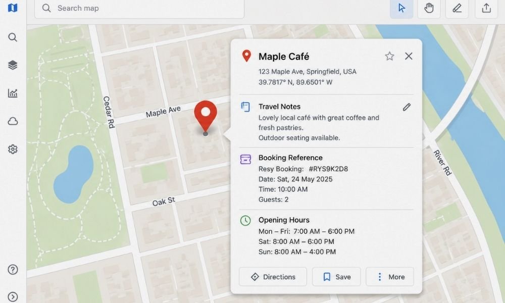 A digital map pin pop-up box displaying typed travel notes including booking references and opening hours.