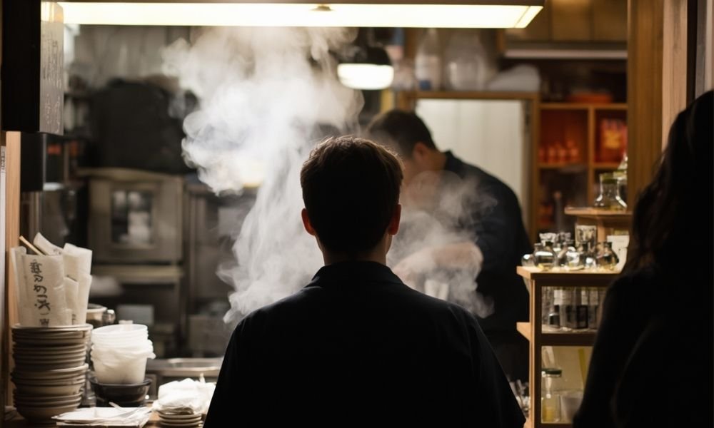 Single person eating at ramen counter in Kyoto, back to camera, steam rising from bowl, chef working behind counter, other customers visible, warm lighting