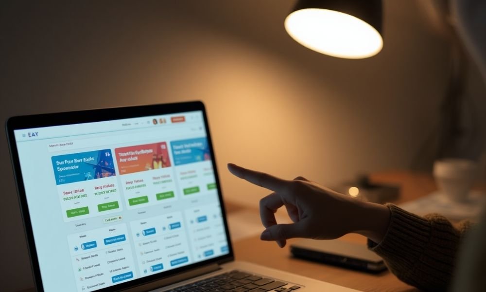 Laptop screen showing multiple flight booking tabs with price comparison, woman pointing at cheapest option