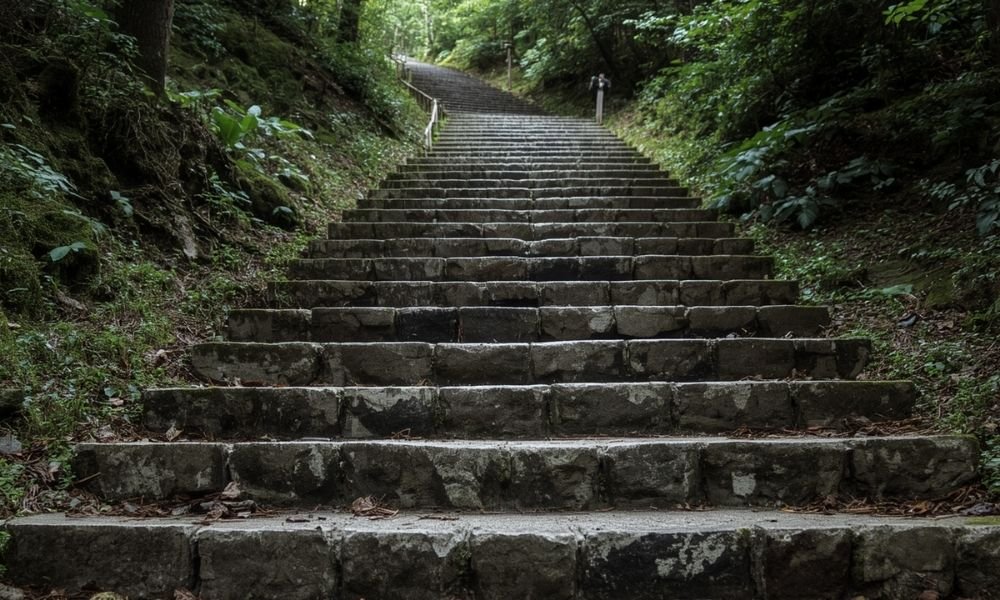Stone steps on the upper hiking trail at Fushimi Inari Taisha, Kyoto Japan