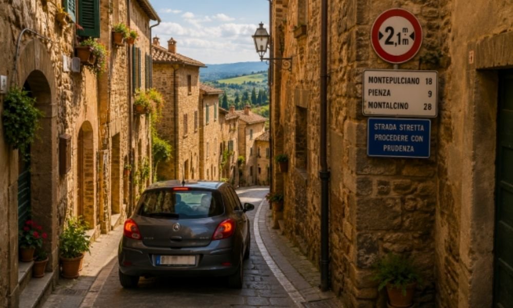 A car navigating a narrow, historic European village street, highlighting real-world driving times vs map distances.