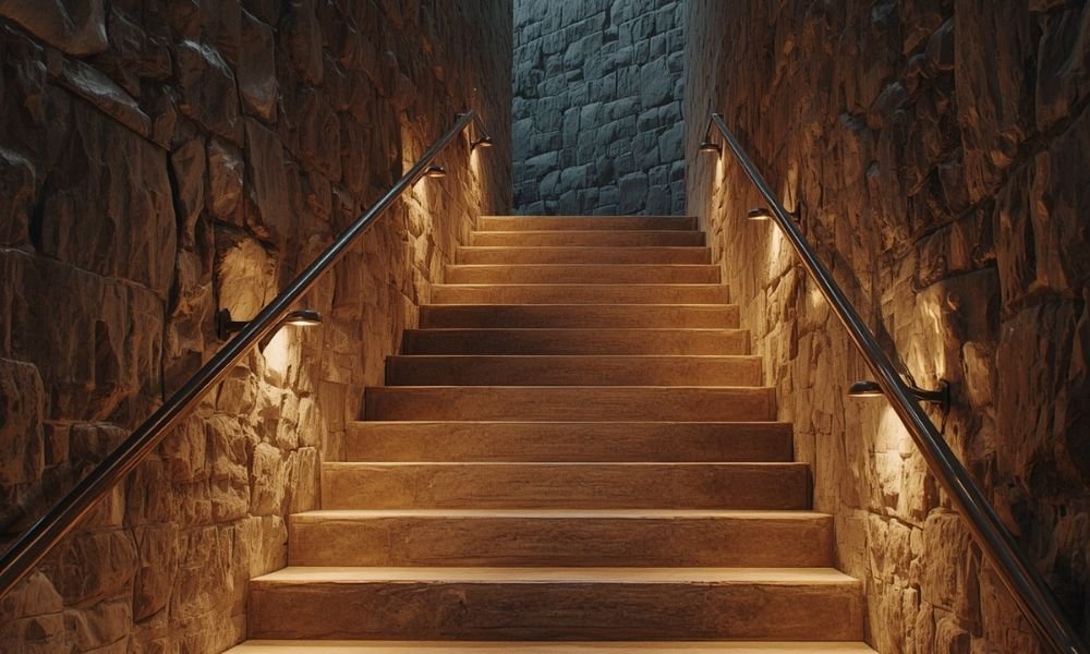 Narrow stone stairway in the Jerónimos Monastery crypt area