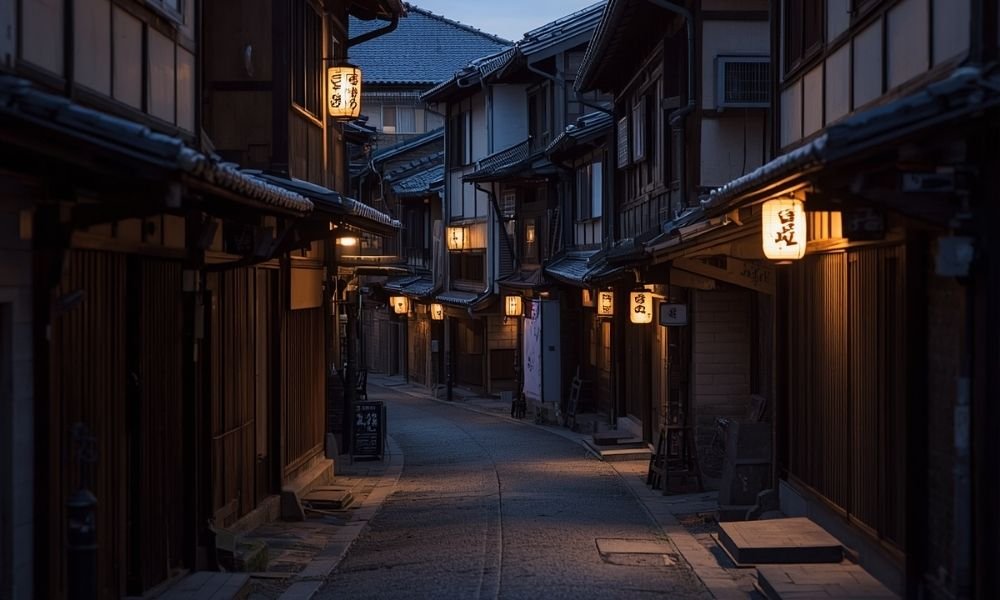 Hanamikoji street in Kyoto's Gion district at dusk with traditional wooden machiya houses and lanterns glowing