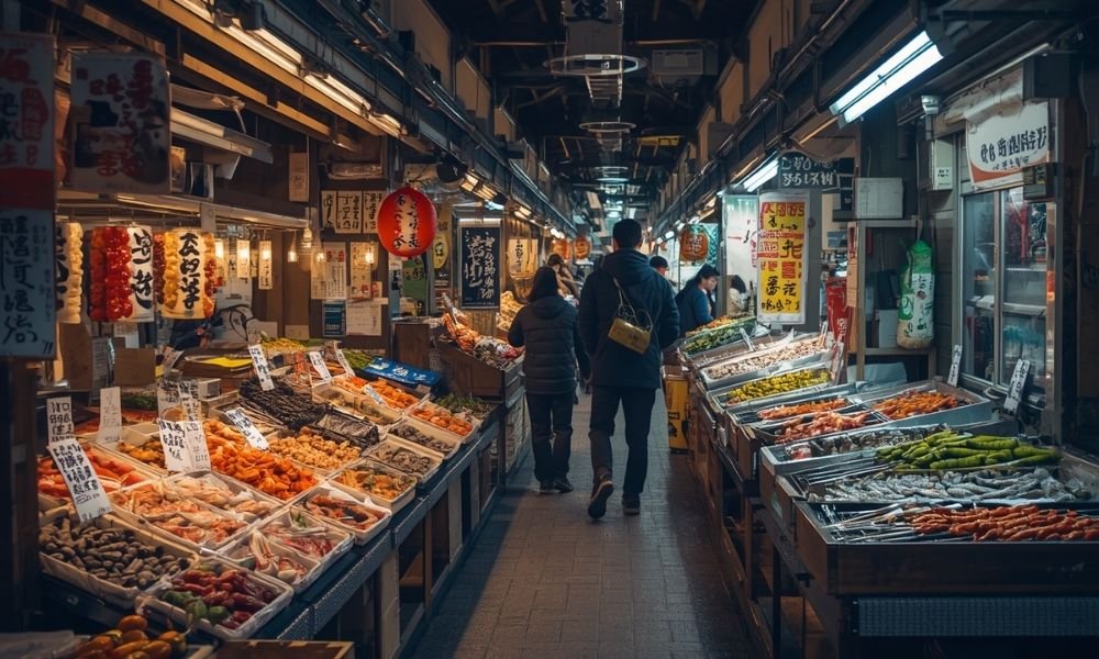 Covered Nishiki Market in Kyoto with fresh seafood, pickles, and grilled skewers on display at narrow market stalls