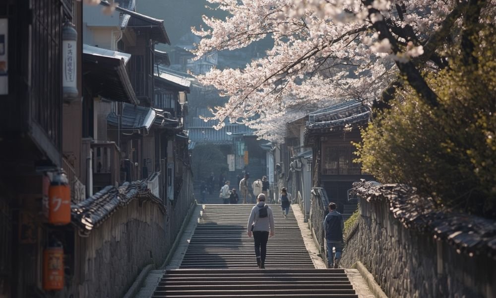 Historic Sannenzaka street in Kyoto with wooden traditional buildings, stone steps, and visitors walking uphill toward Kiyomizu-dera temple