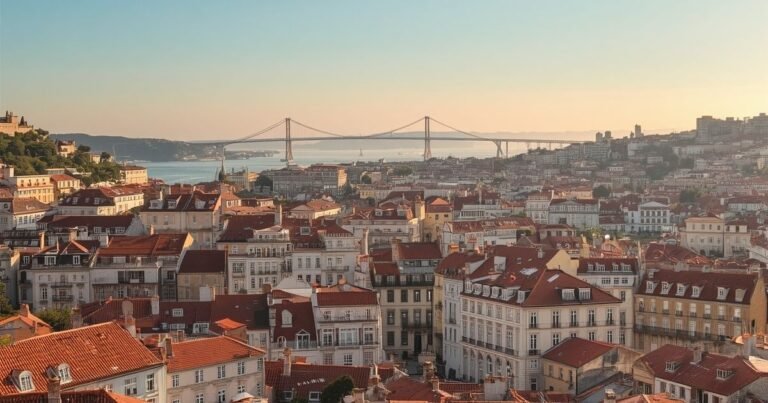 Panoramic view of Lisbon rooftops and the Tagus river at golden hour, Portugal