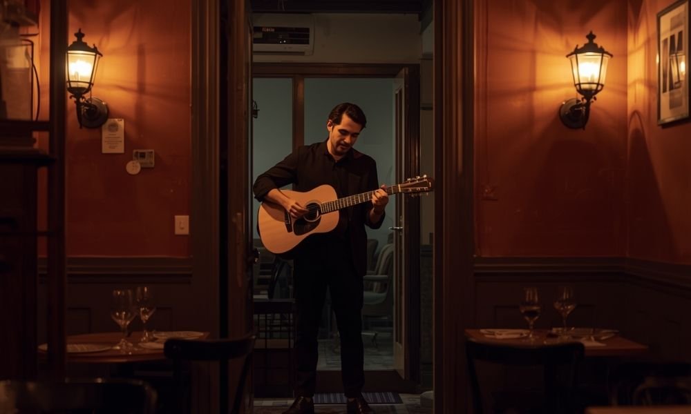 Live fado performance in a traditional Lisbon fado house with Portuguese guitar