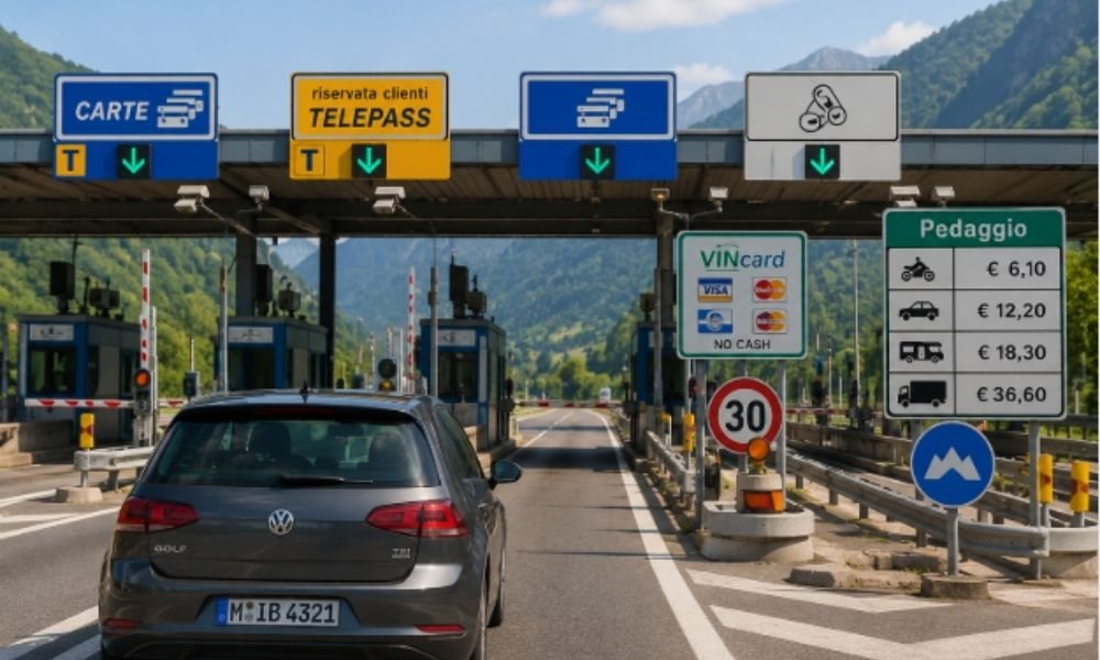 A car approaching a highway toll booth station in Europe, illustrating the importance of researching local driving rules and tolls.