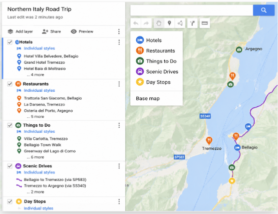 A close-up of organized custom map layers sorted by category like hotels and restaurants on a digital travel planning interface.