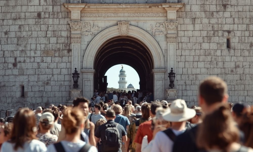 `Visitors queuing outside Belém Tower entrance on a summer morning in Lisbon`