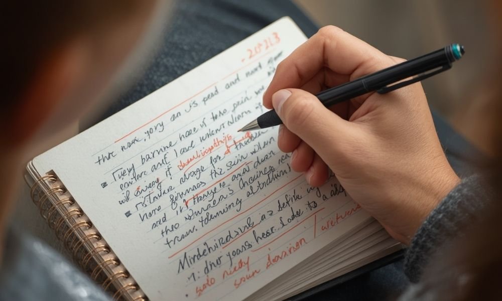 Close up of hands writing reflections in a physical travel notebook with a pen, highlighting mindset shifts during a solo journey