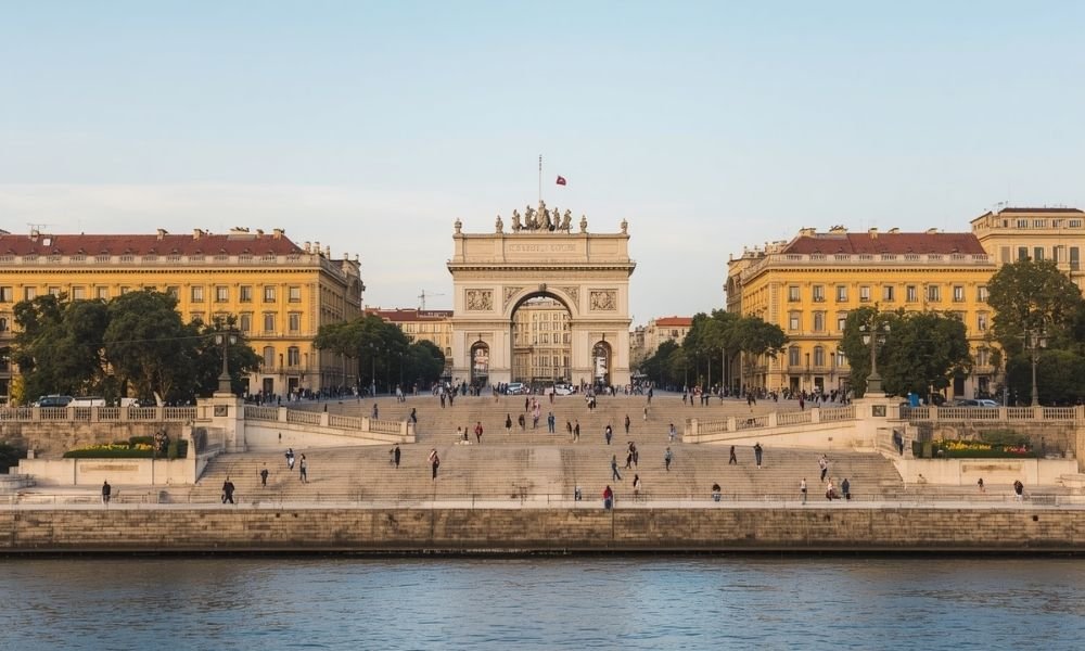 Praça do Comércio riverside square with triumphal arch and yellow buildings, Lisbon