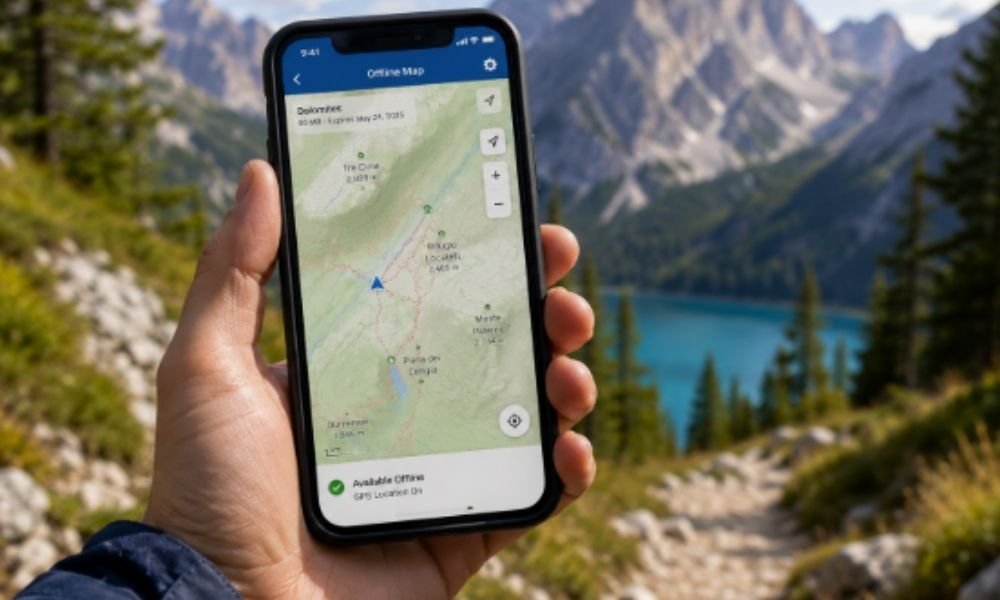 A hand holding a smartphone with an offline map open, symbolizing travel backup systems.