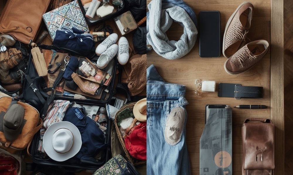 Split screen comparison of cluttered recommended travel items versus minimal solo female travel packing essentials