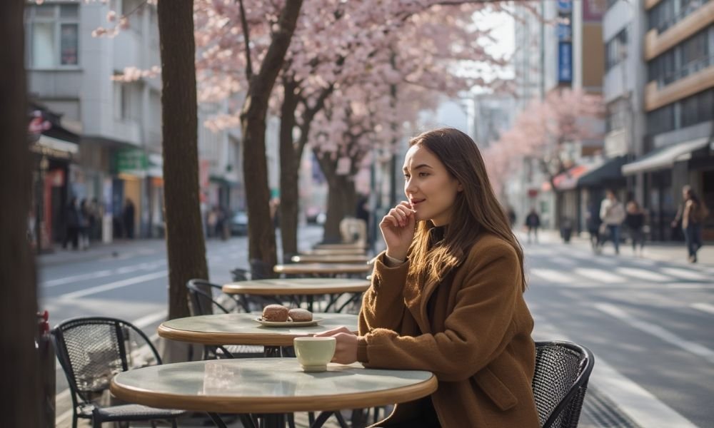 A solo traveler sitting peacefully at an outdoor café table, enjoying a quiet moment of independent travel.