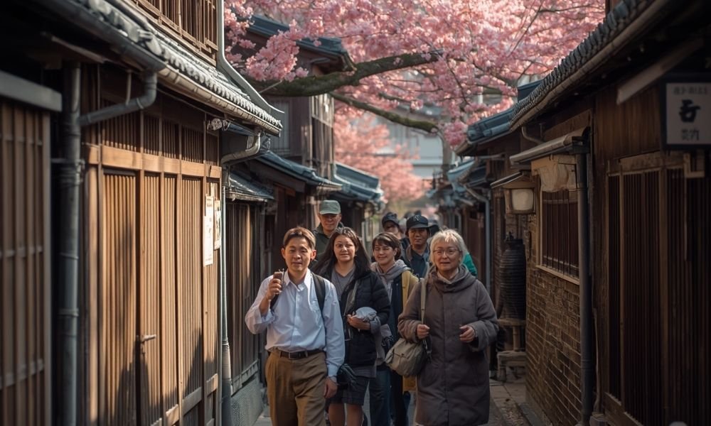 `Local guide leading a small walking tour group through a narrow street in Kyoto`