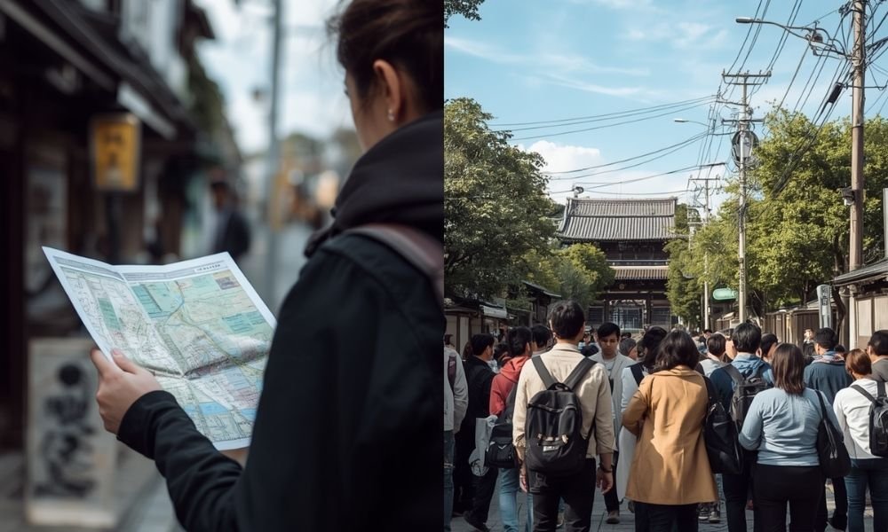 `Side-by-side comparison of a solo traveler exploring Kyoto versus a small guided walking tour group`