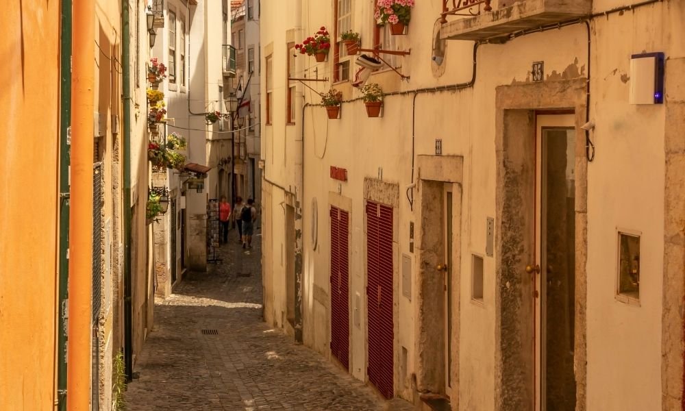 narrow alleyway in Alfama, Lisbon's oldest neighborhood