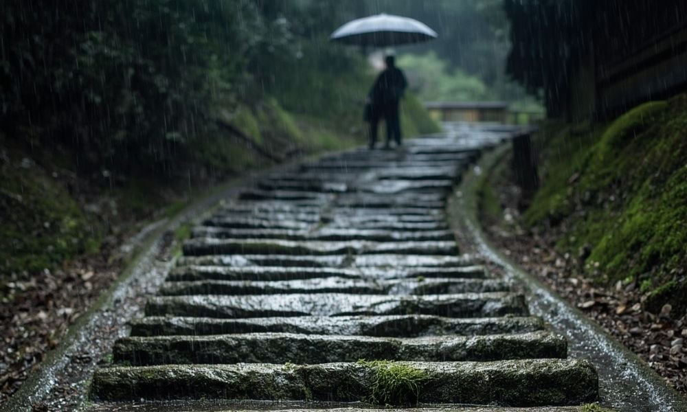 Wet stone path at Daikaku-ji temple in Kyoto during rain, moss bright green, darkened stones, single umbrella visible in distance, atmospheric and moody
