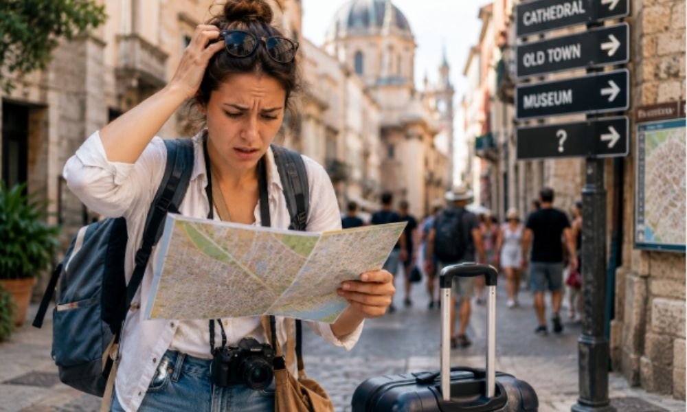 A stressed traveller looking at a map in an unfamiliar city, representing common trip planning failures.