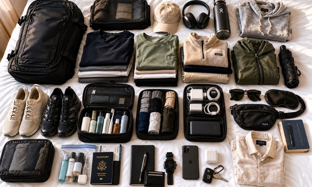 All travel items laid out on a white bed before packing including folded clothing, two pairs of shoes, toiletry bag, tech accessories, and travel documents