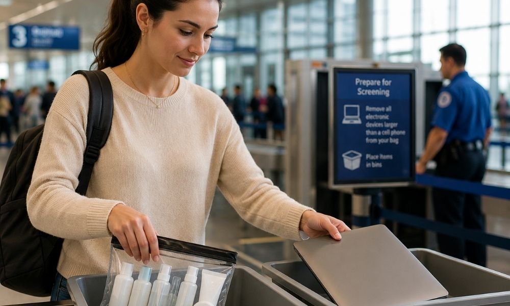 Traveller placing a clear zip-lock toiletry bag and open laptop into separate security screening trays at an airport checkpoint