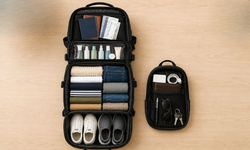 Overhead view of an open travel backpack divided into five labelled packing zones showing shoes at the bottom, clothing in the middle, toiletries near the top, documents in the top compartment, and day bag essentials separately