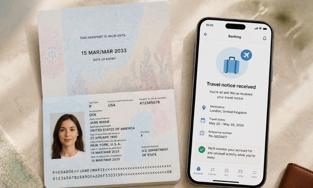 Open passport showing photo and expiry page beside a smartphone displaying a bank app travel notification screen