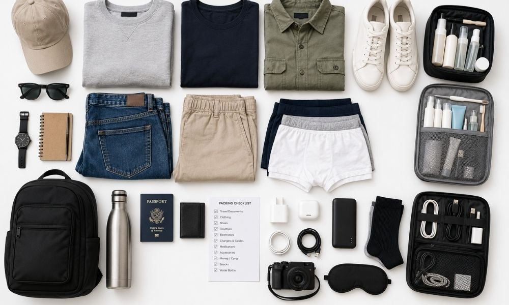 Overhead flat-lay of complete travel packing checklist items including clothing, passport, tech accessories, toiletries, and shoes laid out on a white surface before packing