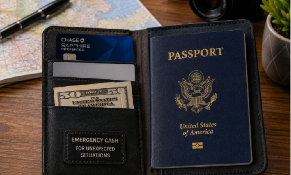 A travel wallet displaying a passport, a backup credit card, and emergency cash for trip security.