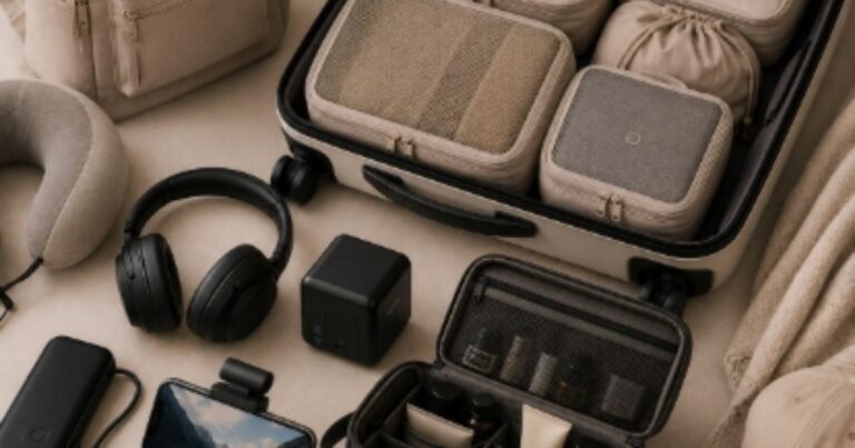 A neatly organized carry-on suitcase with stylish travel essentials including packing cubes, headphones, a neck pillow, travel charger, toiletry bag, and backpack for long-haul flights