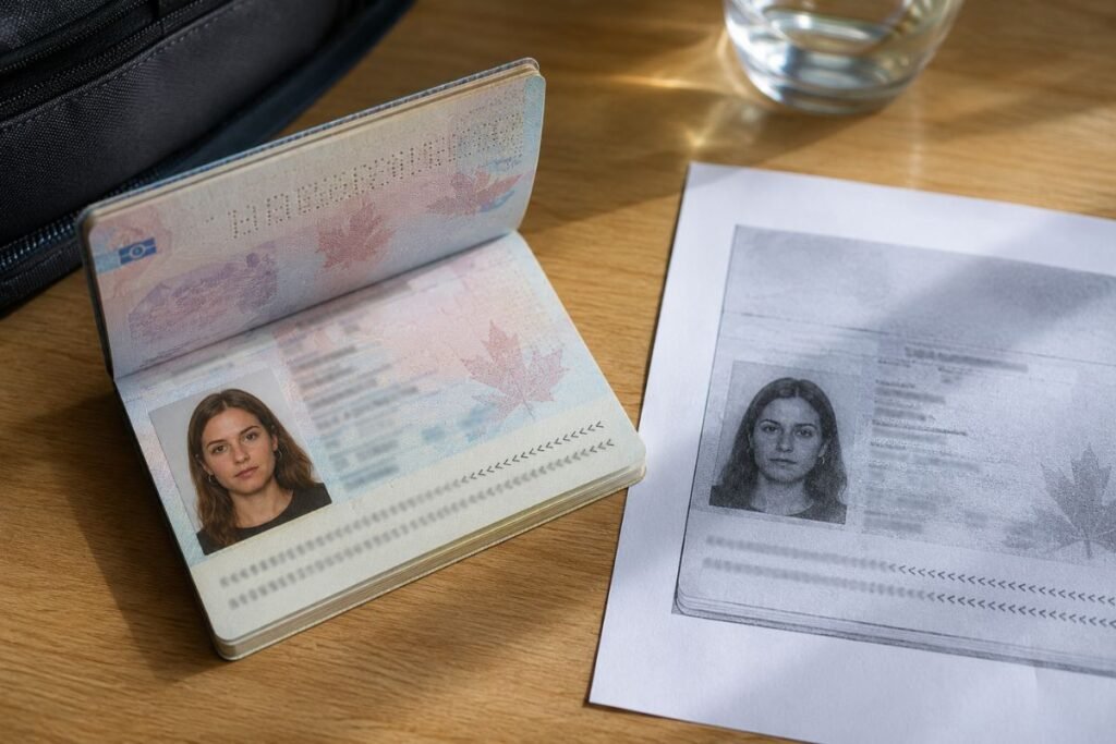 Passport photo page next to a printed photocopy kept as a backup