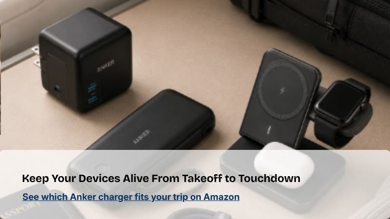 Compact travel charging setup with portable charger, multi-device charging station, USB-C cables, and travel accessories arranged on a clean surface.