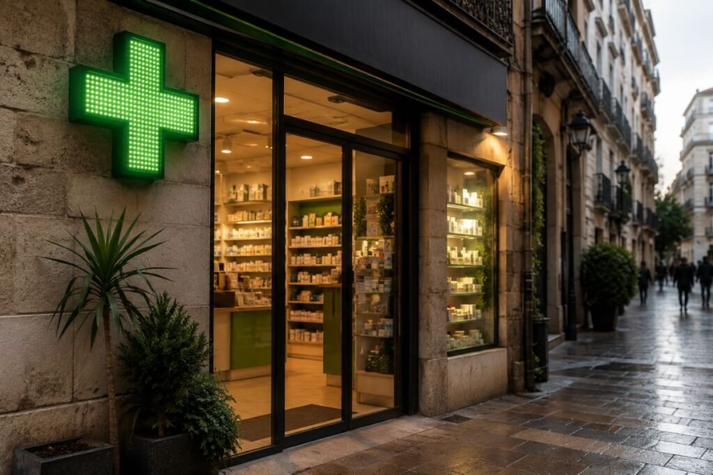 Local pharmacy storefront with a green cross sign in a foreign country