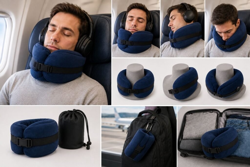 Traveler wearing a BCOZZY travel neck pillow with overlapping chin support, plus views of its adjustable positions and travel carry case