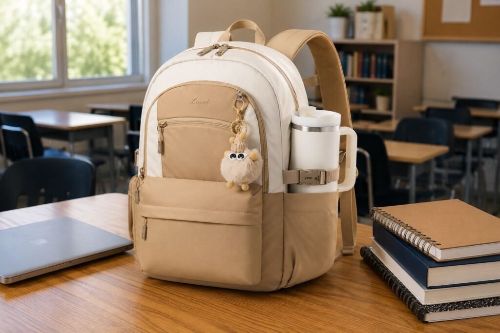 LOVEVOOK school backpack for teen girls on a classroom desk with a 40oz water bottle, laptop, and school books ready for a full school day