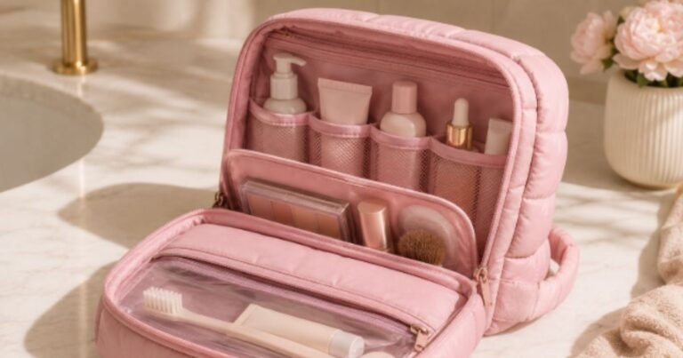 Bagsmart Puffy Toiletry Bag opened on a bathroom countertop with neatly organized skincare, makeup, and travel essentials inside