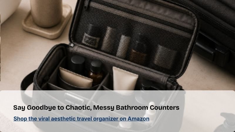 Well-organized hanging travel toiletry bag with neatly arranged skincare, grooming products, and toiletries on a bathroom countertop