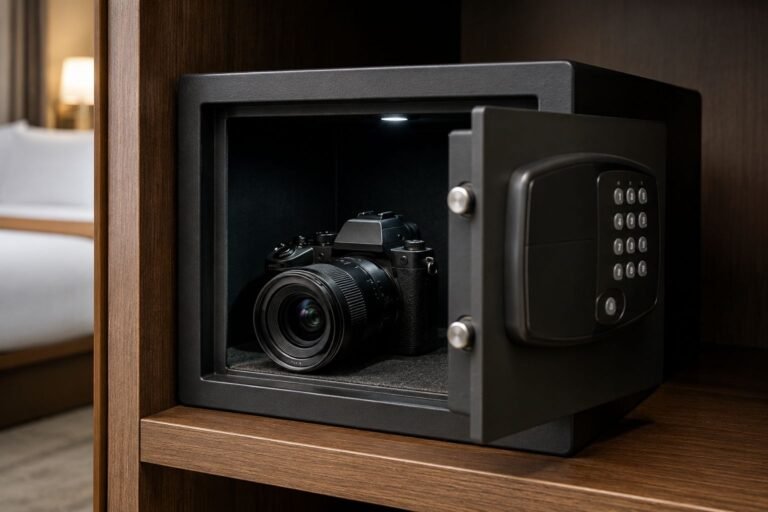 `Best travel camera for beginners locked inside a hotel room safe`