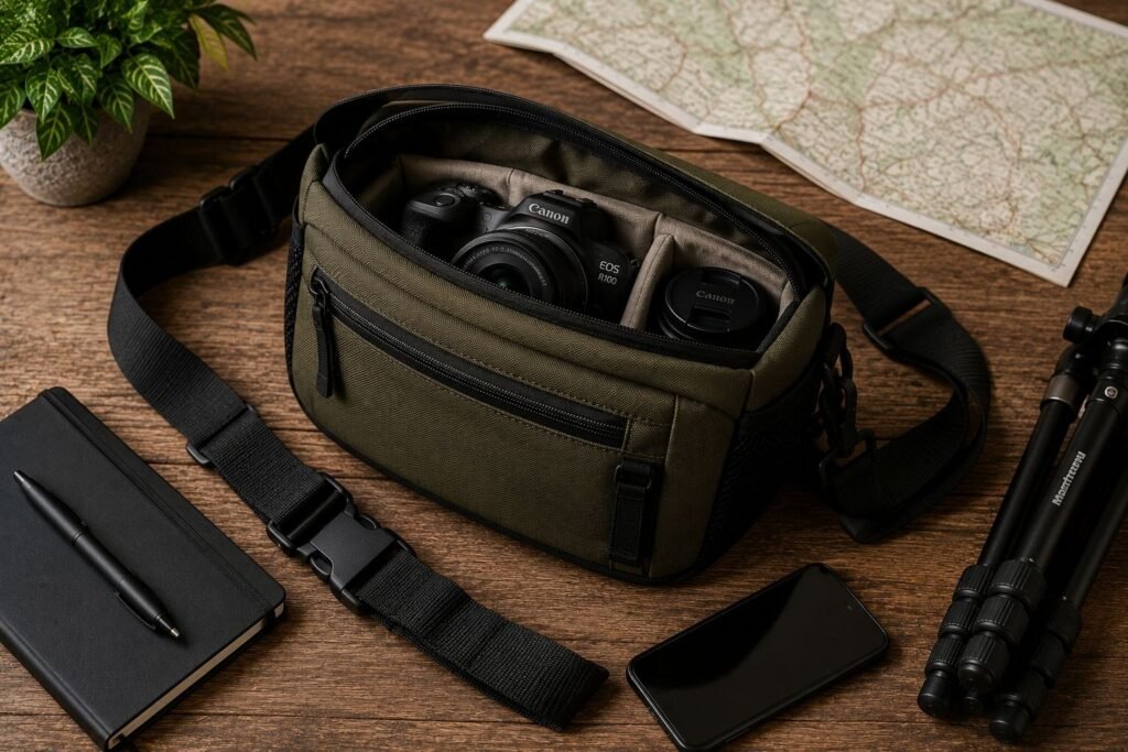 `Compact crossbody camera sling bag for travel photography`