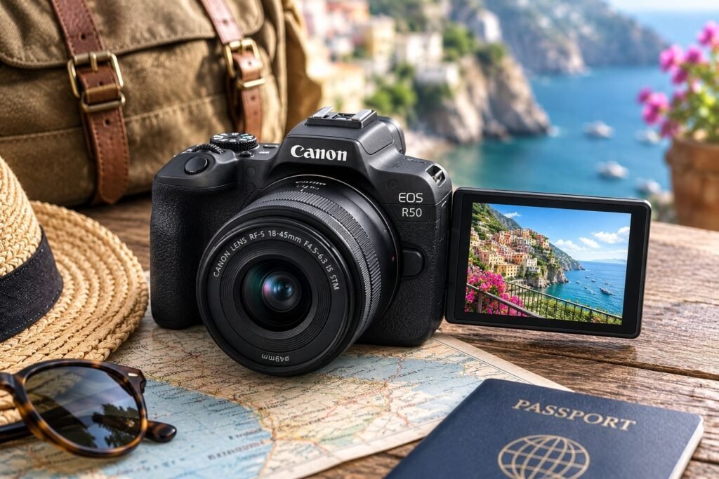 `Canon EOS R50 mirrorless camera with flip out touchscreen`