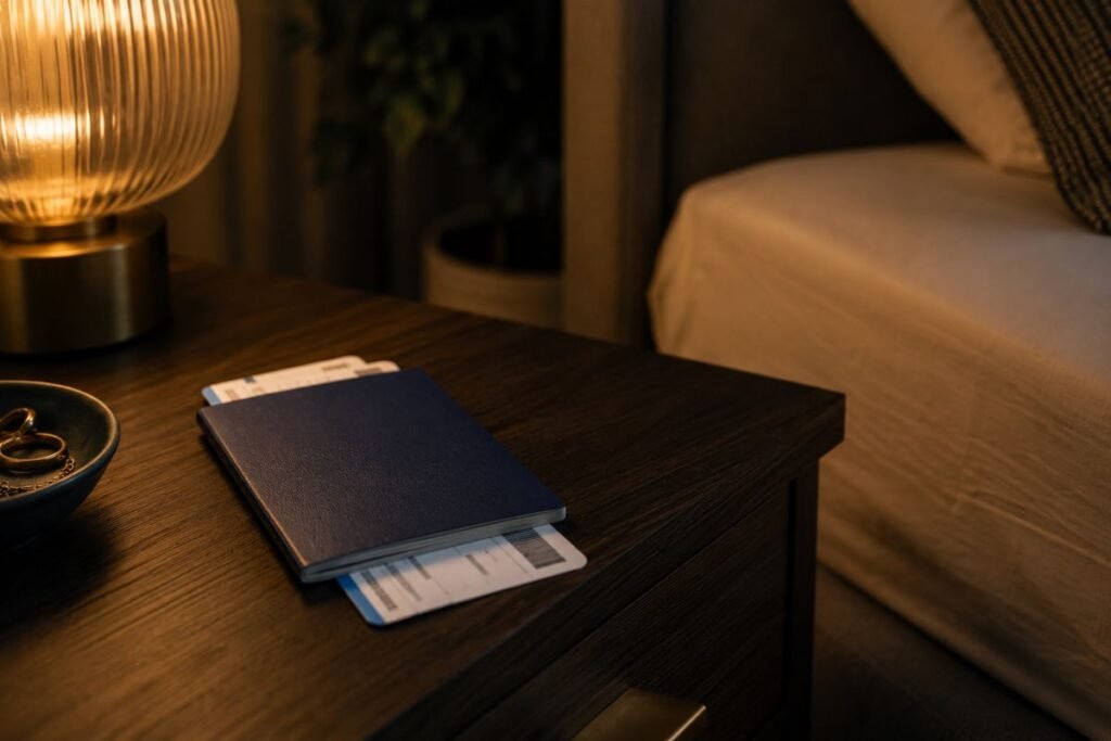 Passport and boarding pass on a nightstand the night before a trip