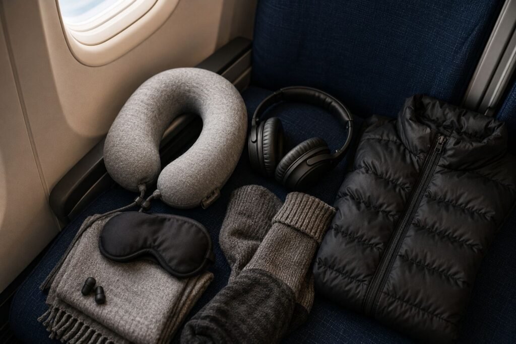 Travel comfort essentials arranged on an airplane seat, including a travel pillow, sleep mask, headphones, compression socks, lightweight jacket, blanket, and earplugs beside a window for a long-haul flight.