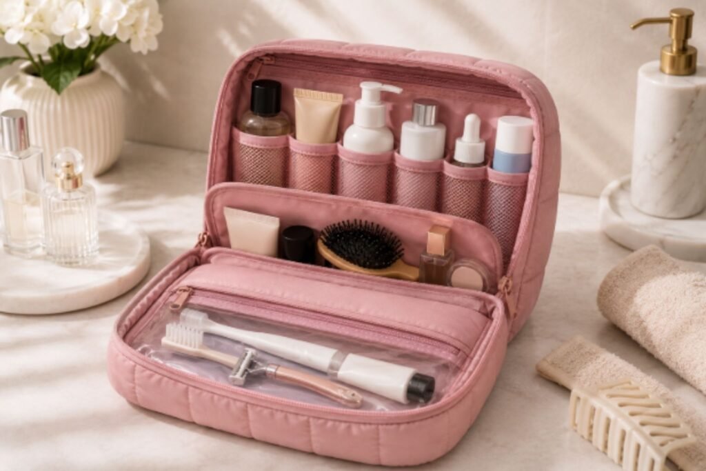 Fully packed Bagsmart Puffy Toiletry Bag holding full-size toiletries, skincare products, makeup, a hairbrush, and daily travel essentials.