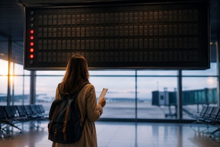 Departures board showing a closed flight gate as a traveler stands with a boarding pass