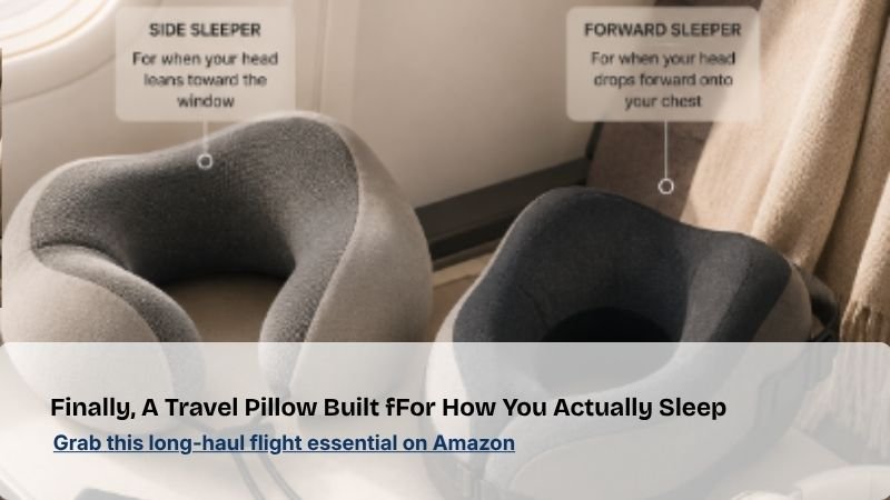 Ergonomic travel neck pillow placed on an airplane seat, designed for comfortable sleep during long-haul flights