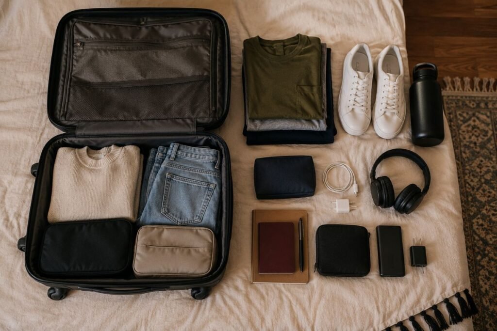 Carry-on bag packed and laid out the night before a flight