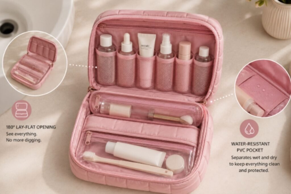 Open Bagsmart Puffy Toiletry Bag showing its lay-flat design, multiple mesh compartments, waterproof pocket, and organized travel toiletries.