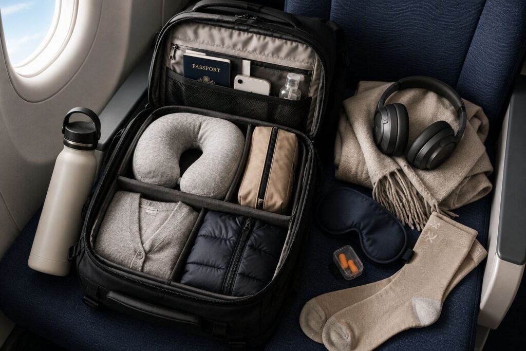Open travel backpack organized into packing zones with clothing, travel pillow, toiletries, passport, water bottle, and comfort essentials on an airplane seat.